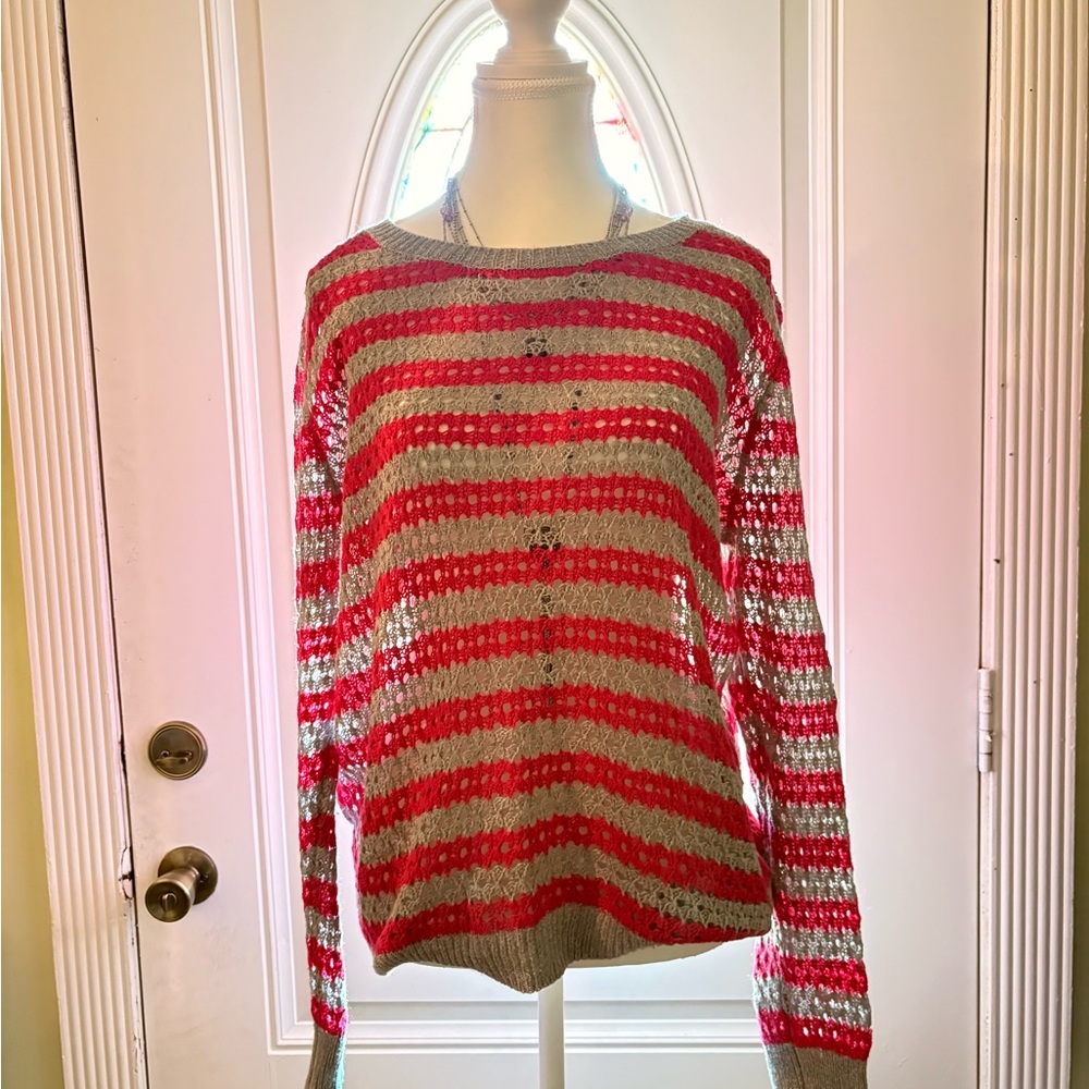 Vintage Caslon cotton blend Vibrant pink and Gray Striped Sweater